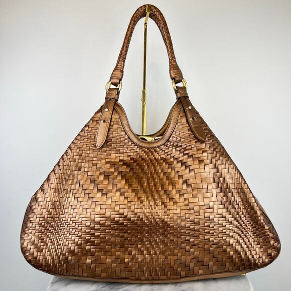 Cole Haan Genevieve Weave Brown Metallic Gold Leather Large Shoulder Bag - Picture 5 of 16